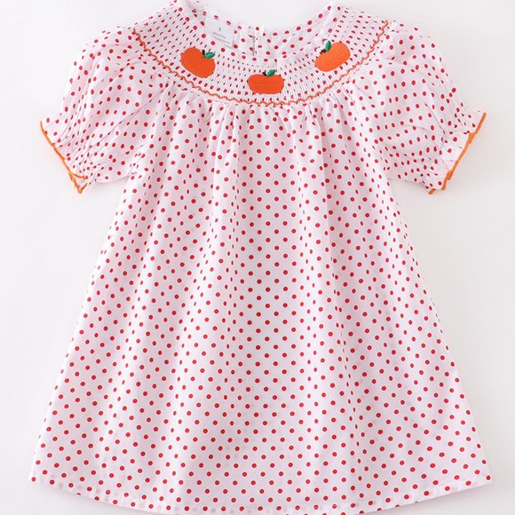Toddler Girls Pumpkin Embroidered Smocked Dress Size 12-18 months polka dot - Picture 1 of 5